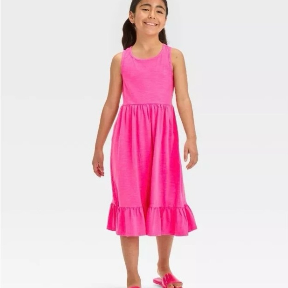 Neon Pink Girl’s Knit Maxi Dress Sleeveless Twist Keyhole Back
